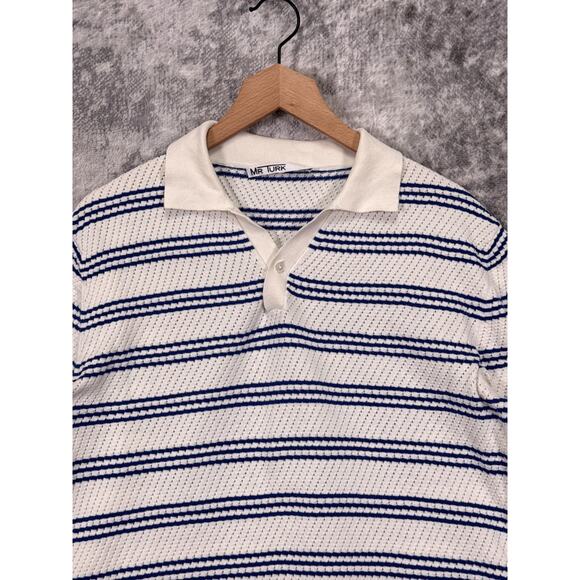 Mr Turk Shirt Large Mens White & Blue Striped Cotton Knit Polo - Picture 2 of 9